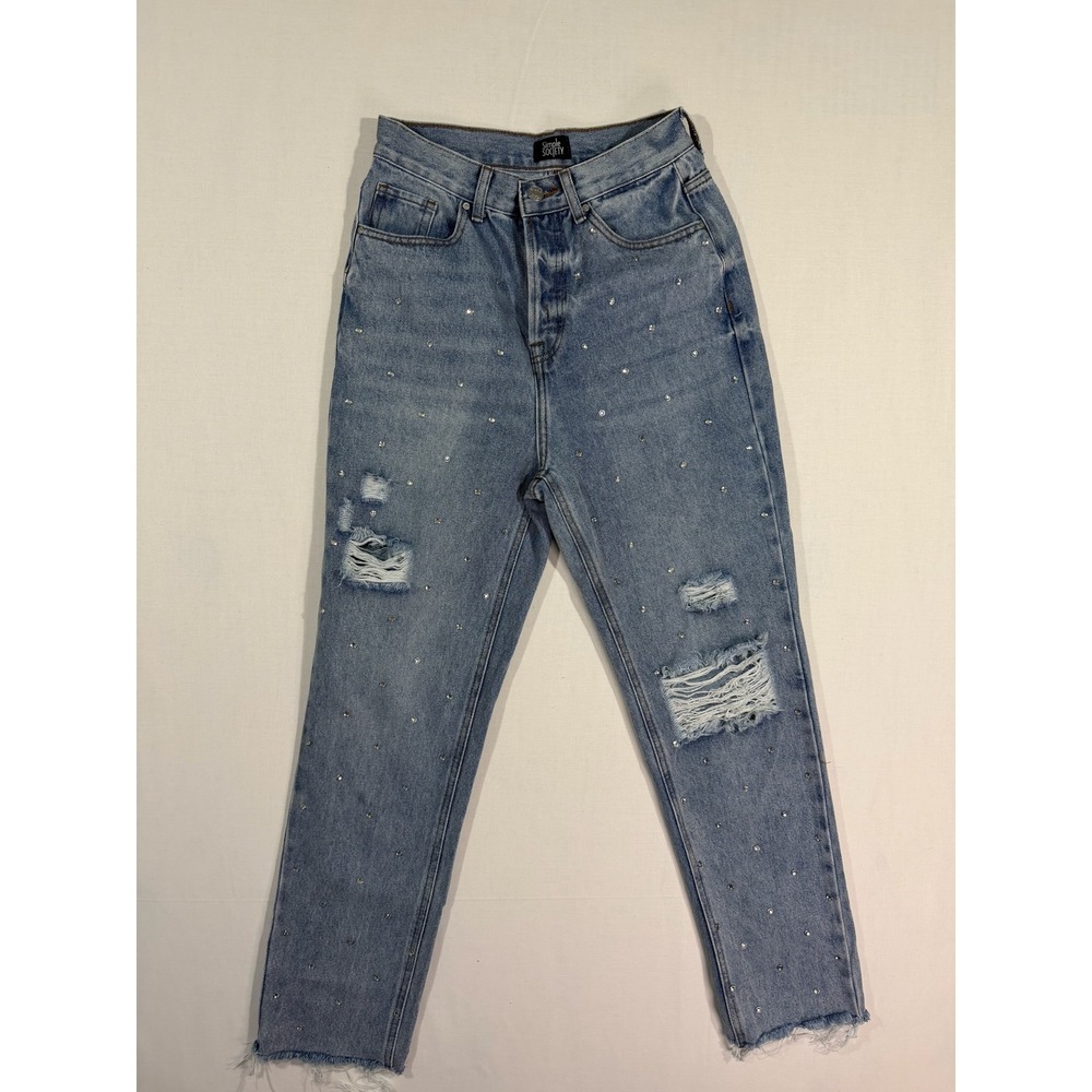 Simple Society Super High Rise Rhinestone Stud Distressed Jeans Womens 3/26
